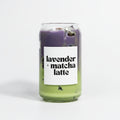 Candle with lavender and matcha latte scent on a white background
